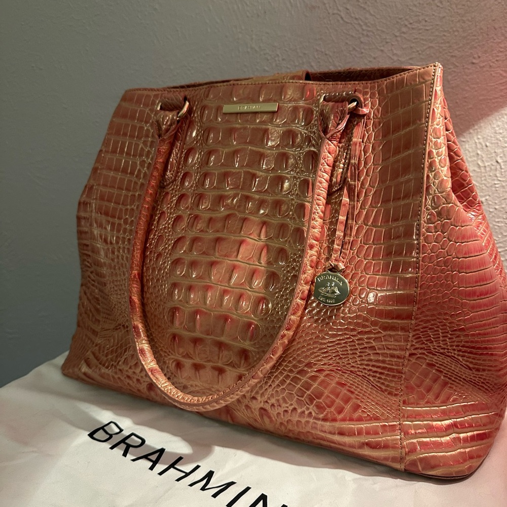 Brahmin Shiny Pink Coral Croc-Style Tote w/ Gold Hardware – Good Condition 💕